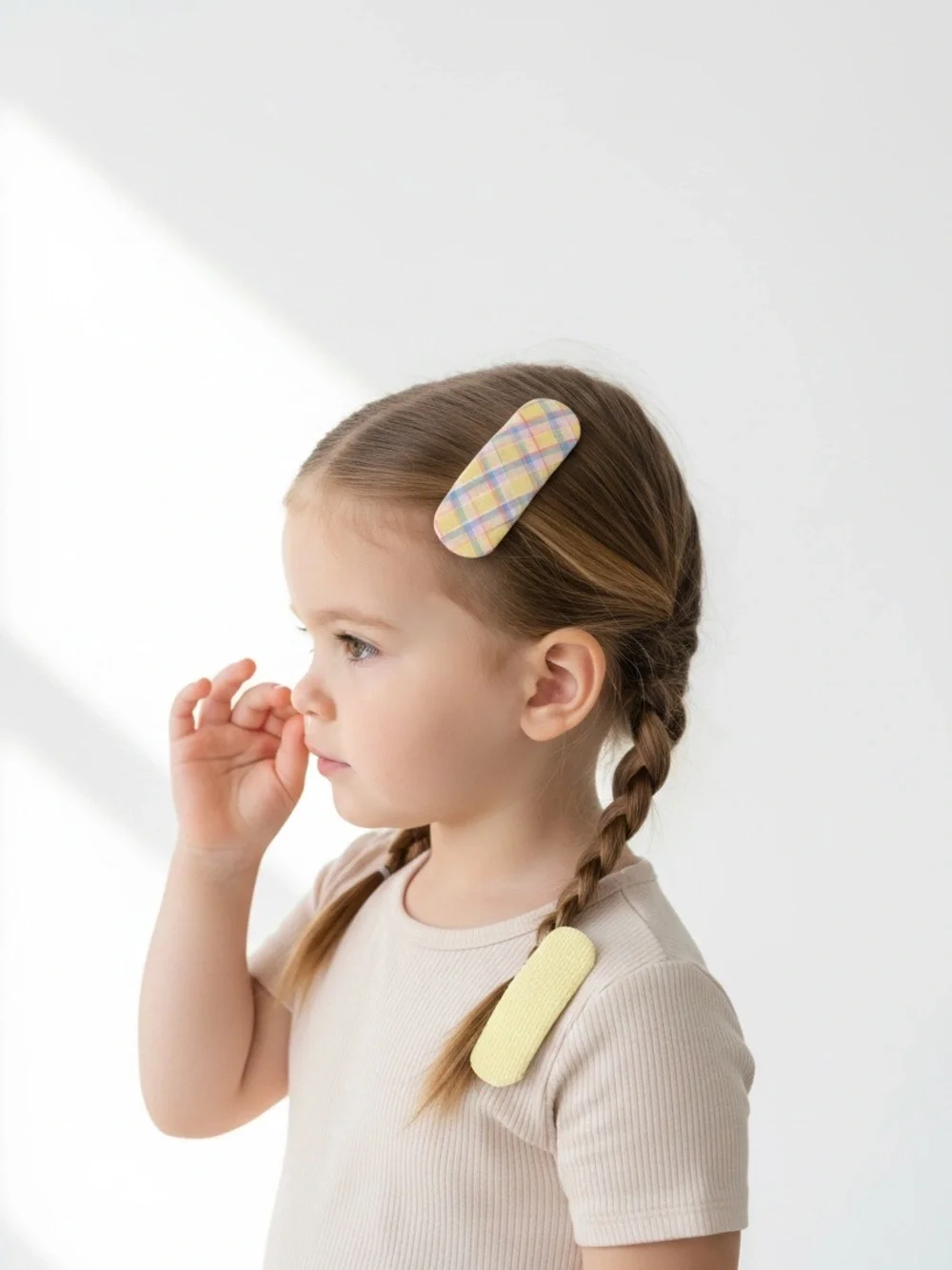 Handmade Pastel Plaid & Yellow Fabric Snap Hair Clips Set (2 Pc)